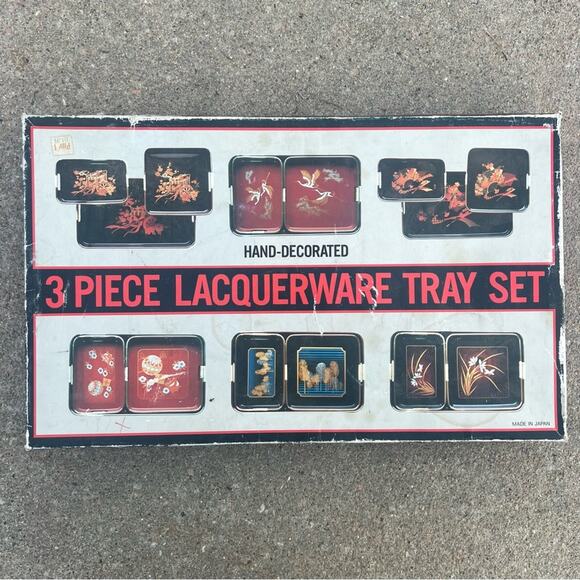 Vintage Toyo Japan Laquerware Nesting Tray Set 3 Maroon Metallic Oriental in box - Picture 2 of 5
